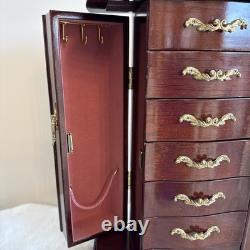 Vintage Solid Wood Jewelry Box Six Drawers Two Swing Doors Lift Up Top & Mirror