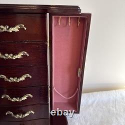 Vintage Solid Wood Jewelry Box Six Drawers Two Swing Doors Lift Up Top & Mirror