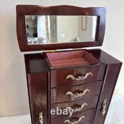 Vintage Solid Wood Jewelry Box Six Drawers Two Swing Doors Lift Up Top & Mirror