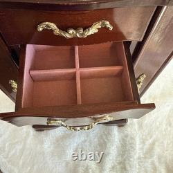 Vintage Solid Wood Jewelry Box Six Drawers Two Swing Doors Lift Up Top & Mirror