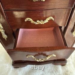 Vintage Solid Wood Jewelry Box Six Drawers Two Swing Doors Lift Up Top & Mirror