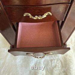 Vintage Solid Wood Jewelry Box Six Drawers Two Swing Doors Lift Up Top & Mirror