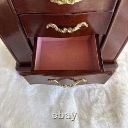 Vintage Solid Wood Jewelry Box Six Drawers Two Swing Doors Lift Up Top & Mirror