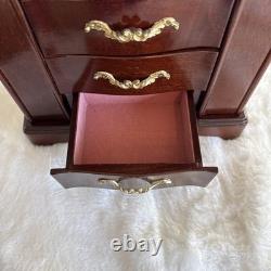 Vintage Solid Wood Jewelry Box Six Drawers Two Swing Doors Lift Up Top & Mirror
