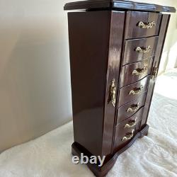 Vintage Solid Wood Jewelry Box Six Drawers Two Swing Doors Lift Up Top & Mirror