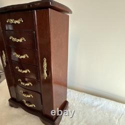 Vintage Solid Wood Jewelry Box Six Drawers Two Swing Doors Lift Up Top & Mirror