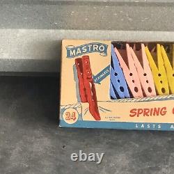 Vintage Spring Clothespins Pre 1950 Box Set 24 Colorful Pieces Mastro Plastics