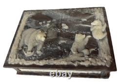Vintage Square Incolay Stone Grizzly Family Jewelry Or Trinket Box 10x 8x 3