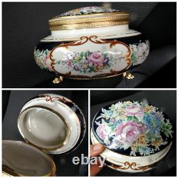 Vintage T limoges porcelain hand paint floral box lion paws