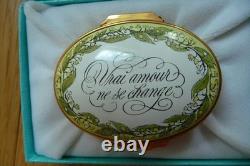Vintage TIFFANY enamel Trinket Box Halcyon Days Vrai Amore Ne Se Change MINT Box