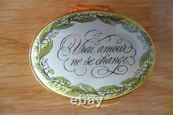 Vintage TIFFANY enamel Trinket Box Halcyon Days Vrai Amore Ne Se Change MINT Box