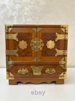 Vintage Teak & Burl Wood Korean Tansu Cabinet Chest Jewelry Box Brass Fittings