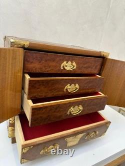 Vintage Teak & Burl Wood Korean Tansu Cabinet Chest Jewelry Box Brass Fittings