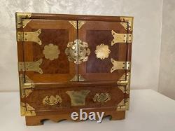 Vintage Teak & Burl Wood Korean Tansu Cabinet Chest Jewelry Box Brass Fittings