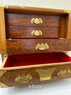 Vintage Teak & Burl Wood Korean Tansu Cabinet Chest Jewelry Box Brass Fittings