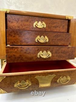 Vintage Teak & Burl Wood Korean Tansu Cabinet Chest Jewelry Box Brass Fittings