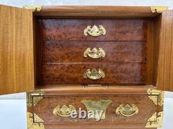 Vintage Teak & Burl Wood Korean Tansu Cabinet Chest Jewelry Box Brass Fittings