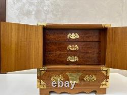 Vintage Teak & Burl Wood Korean Tansu Cabinet Chest Jewelry Box Brass Fittings