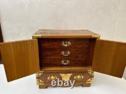 Vintage Teak & Burl Wood Korean Tansu Cabinet Chest Jewelry Box Brass Fittings