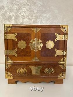 Vintage Teak & Burl Wood Korean Tansu Cabinet Chest Jewelry Box Brass Fittings