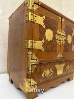 Vintage Teak & Burl Wood Korean Tansu Cabinet Chest Jewelry Box Brass Fittings