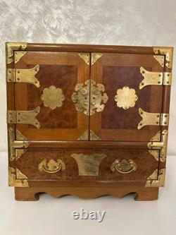 Vintage Teak & Burl Wood Korean Tansu Cabinet Chest Jewelry Box Brass Fittings