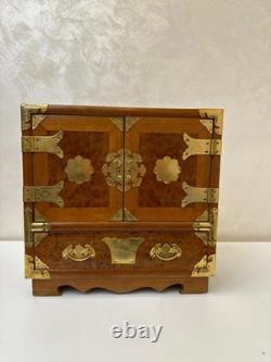 Vintage Teak & Burl Wood Korean Tansu Cabinet Chest Jewelry Box Brass Fittings