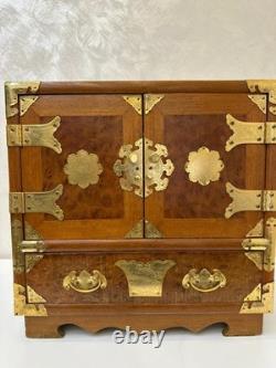 Vintage Teak & Burl Wood Korean Tansu Cabinet Chest Jewelry Box Brass Fittings