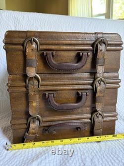 Vintage Three Hands Corp Leather Stacked Suitcase Storage Box HTF Grunge Look