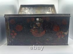 Vintage Toleware Hand Painted Metal Box with latch and ring handle