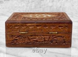 Vintage Traditional Carved Walnut Inlaid Storage Box