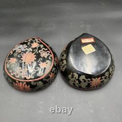 Vintage Traditional Chinese Black Lacquered Floral Motif Peach Storage Box