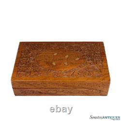 Vintage Traditional Walnut & Brass Inlay Carved Storage Box