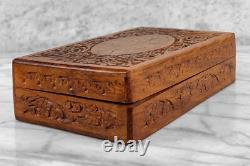 Vintage Traditional Walnut & Brass Inlay Carved Storage Box