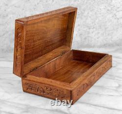 Vintage Traditional Walnut & Brass Inlay Carved Storage Box