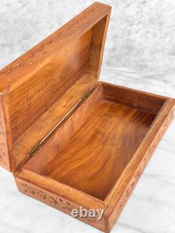 Vintage Traditional Walnut & Brass Inlay Carved Storage Box