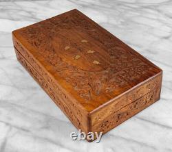 Vintage Traditional Walnut & Brass Inlay Carved Storage Box