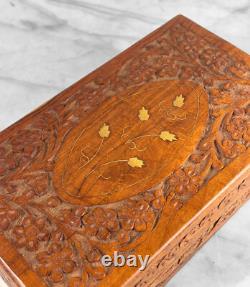Vintage Traditional Walnut & Brass Inlay Carved Storage Box
