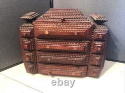 Vintage Tramp Art Wooden Box 15.5x12x6.5 folk art antique jewelry keepsake