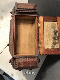 Vintage Tramp Art Wooden Box 15.5x12x6.5 folk art antique jewelry keepsake