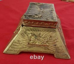 Vintage Trapezohedron Shaped Exotic Design Gold Box. Classic Mythology Figures