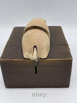 Vintage UNIQUE wood Keepsake Trinket Box with Metal Mechanical Pig Lid