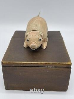 Vintage UNIQUE wood Keepsake Trinket Box with Metal Mechanical Pig Lid