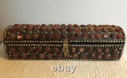 Vintage Unique Hand Made Wood Box With Applied Carnelian Gemstones