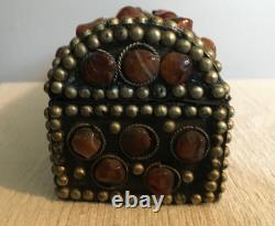 Vintage Unique Hand Made Wood Box With Applied Carnelian Gemstones