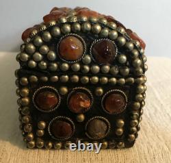 Vintage Unique Hand Made Wood Box With Applied Carnelian Gemstones