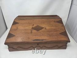 Vintage Victorian Desk Storage Box Chest Inlaid Lid Scalloped Base Locking Top