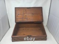 Vintage Victorian Desk Storage Box Chest Inlaid Lid Scalloped Base Locking Top