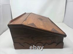 Vintage Victorian Desk Storage Box Chest Inlaid Lid Scalloped Base Locking Top