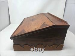 Vintage Victorian Desk Storage Box Chest Inlaid Lid Scalloped Base Locking Top